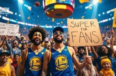 NBA super fans in Golden State Warriors jerseys cheer wildly with signs at the game, their passion lighting up the arena.