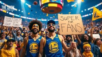 NBA super fans in Golden State Warriors jerseys cheer wildly with signs at the game, their passion lighting up the arena.