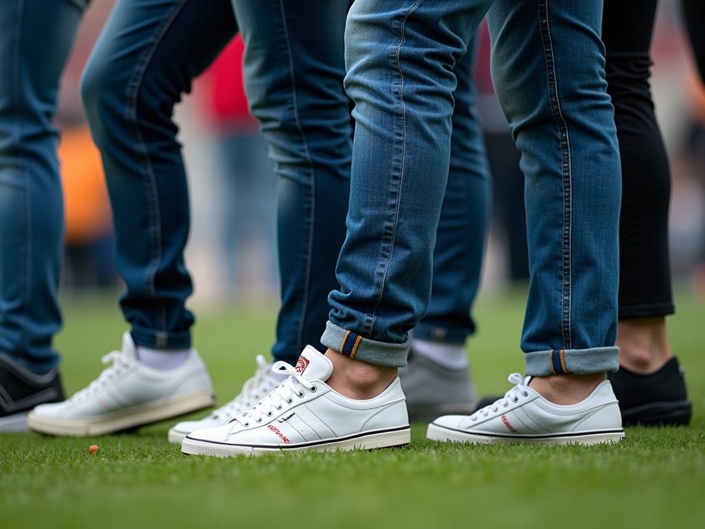 A group of people, dressed in blue jeans and white sneakers like casuals, stand closely together on green grass. The image focuses on their lower legs and shoes; their upper bodies are not visible, with the background softly blurred.