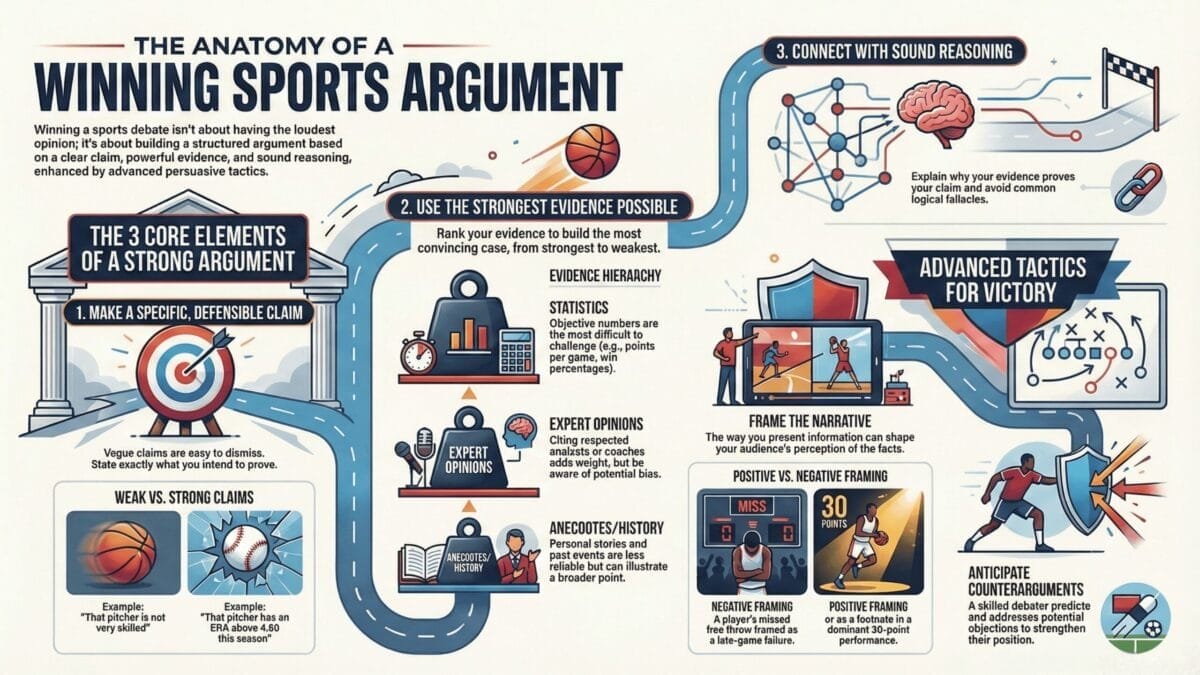 Infographic titled "The Anatomy of a Winning Sports Argument" uses illustrated icons and flowcharts to outline three core elements of arguments for sports debates: making a specific claim, using evidence, connecting with reasoning, plus advanced tactics.