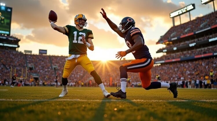 A football player in a green and yellow uniform throws a pass as a defender in a navy and orange uniform lunges toward him. The stadium is packed with fans, and the sun sets dramatically in the background, casting long shadows on the field.
