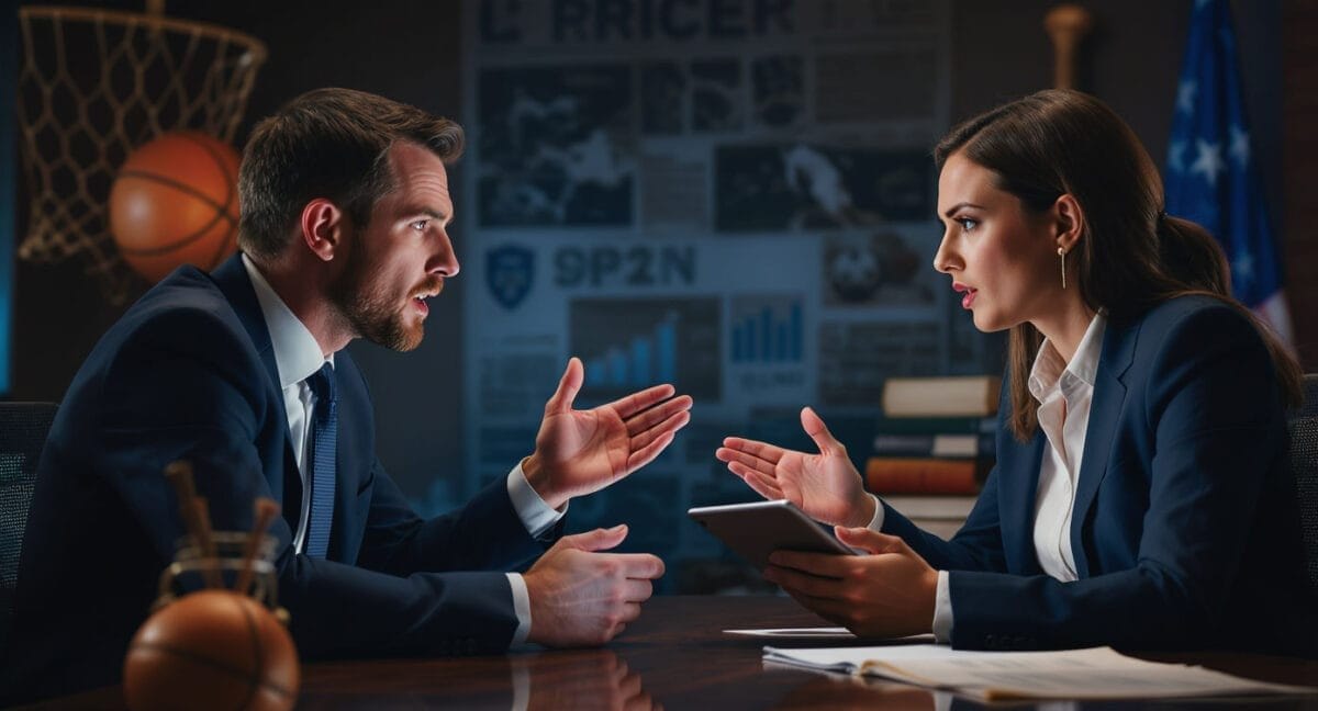 A man and woman in business suits sit at a desk in a heated discussion about how to debate sports effectively. The man gestures emphatically, while the woman, holding a tablet, responds intently amid sports items, charts, and graphs.