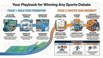 Infographic titled "Your Playbook for Winning Any Sports Debate" outlines how to debate sports effectively across two phases: Build Your Foundation and Master Your Argument. Features icons for news, stats, history, evidence, counterarguments, and common fallacies.