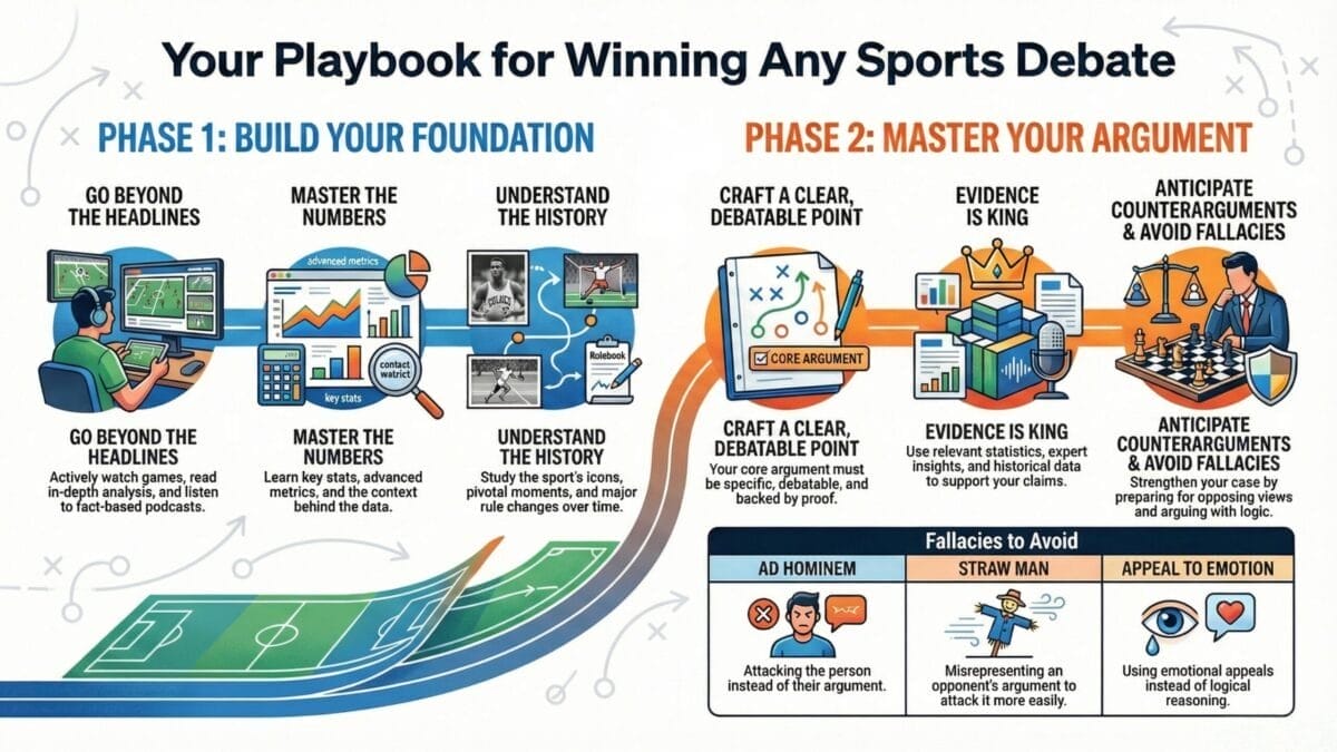 Infographic titled "Your Playbook for Winning Any Sports Debate" outlines how to debate sports effectively across two phases: Build Your Foundation and Master Your Argument. Features icons for news, stats, history, evidence, counterarguments, and common fallacies.