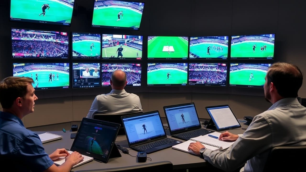 Three men sit at a desk covered with laptops and notebooks, facing a wall of twelve monitors displaying various live sports footage, including soccer and basketball games, in a control room with subdued lighting.