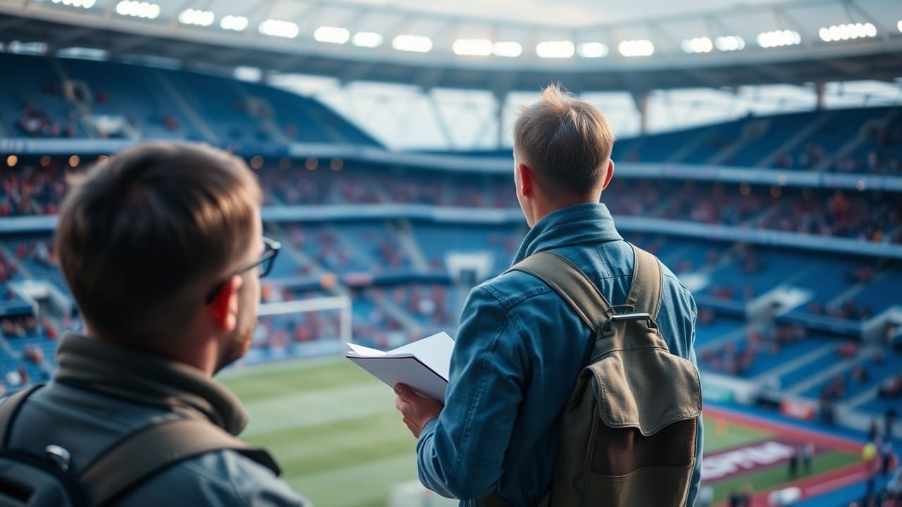 Two people with backpacks and short hair stand in a stadium, one holding an open notebook. They face the field, with empty blue seats and scattered spectators visible in the background under bright stadium lights.