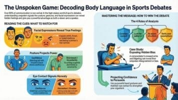 Infographic titled "The Unspoken Game: Decoding Body Language in Sports Debates" explains how facial expressions, posture, and eye contact reveal feelings, and lists 4 rules of analysis. Illustrations show diverse people debating, expressing various emotions and gestures.