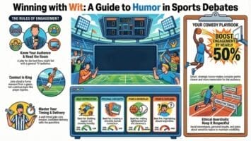 Colorful infographic titled “Winning with Wit: A Guide to Humor in Sports Debates.” It shows illustrated athletes, a stadium, and highlights key rules: knowing your audience, timing, delivery, and ethics, using playful sports-themed visuals.