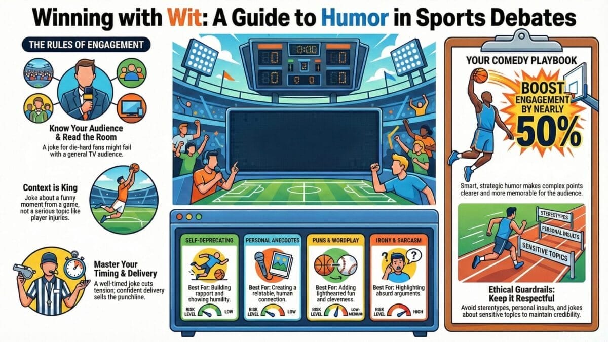 Colorful infographic titled &ldquo;Winning with Wit: A Guide to Humor in Sports Debates.&rdquo; It shows illustrated athletes, a stadium, and highlights key rules: knowing your audience, timing, delivery, and ethics, using playful sports-themed visuals.