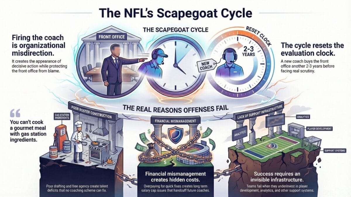 Infographic titled "The NFL&rsquo;s Scapegoat Cycle" shows a loop: the front office fires the coach to deflect blame, hires a new one, and restarts a 2-3 year cycle. Below, graphics depict failures from poor roster construction, financial mismanagement, and weak infrastructure.