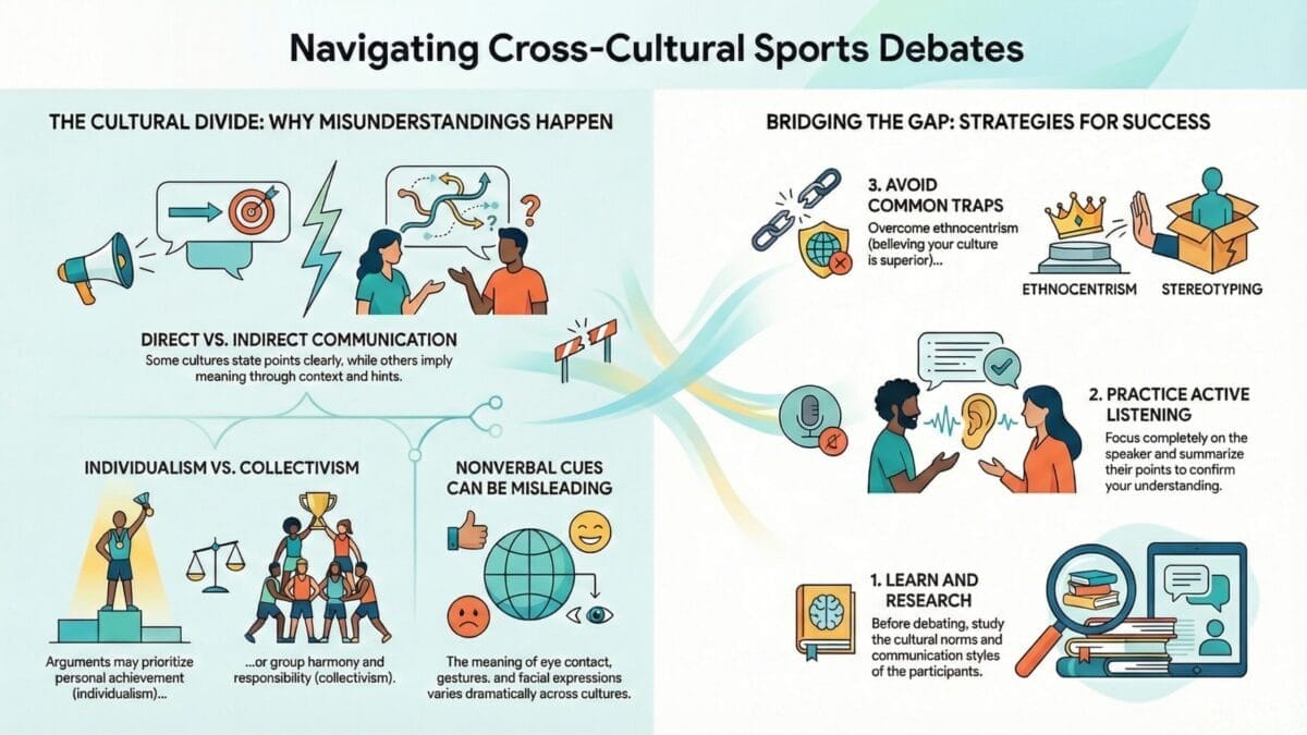 An infographic titled "Navigating Cross-Cultural Sports Debates" has two sections: reasons for misunderstandings in cross-cultural sports debates and strategies for success. Each point, like direct vs. indirect communication, is highlighted with engaging illustrations.