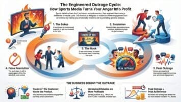 Infographic titled “The Engineered Outrage Cycle” shows how sports media profit from outrage, hinting at the future of sports debates. It illustrates five steps with icons: setup, escalation, peak outrage, false resolution, and hook.