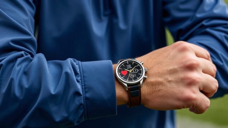 A coach watches a player check a heart rate watch on their wrist.