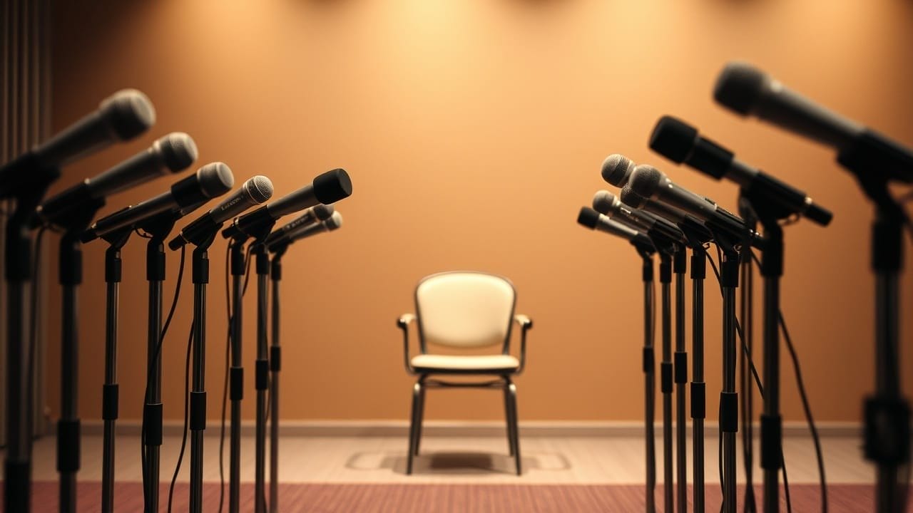 A single empty chair sits under bright lights, facing a semi-circle of microphones on stands against a warm tan background, hinting at a press conference or interview where issues like sports media bias may soon be discussed.
