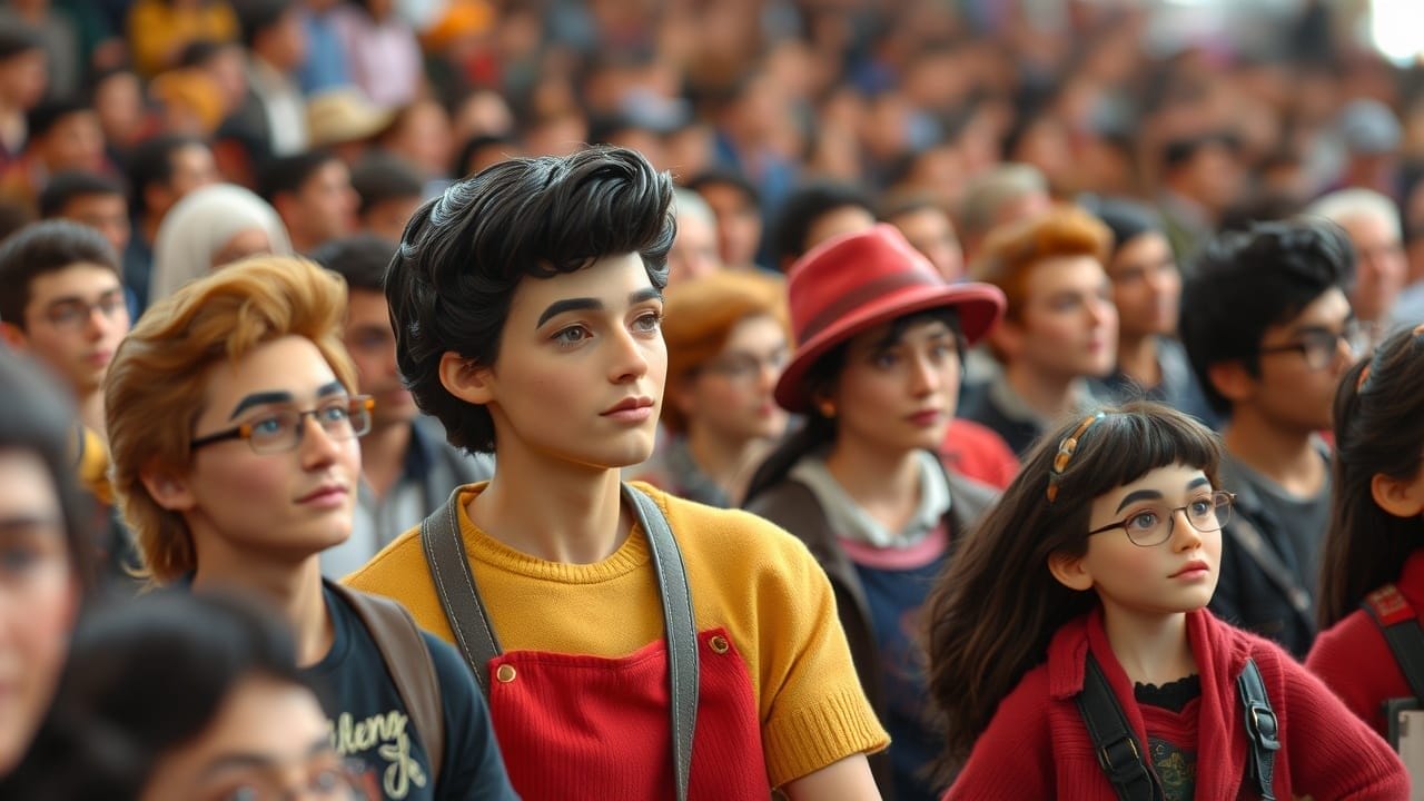 A diverse crowd in vibrant clothes sits attentively, many wearing glasses. In focus is a young person in a yellow shirt and red overalls, surrounded by others, as if awaiting insights on sports media manipulation from the blurred audience around them.