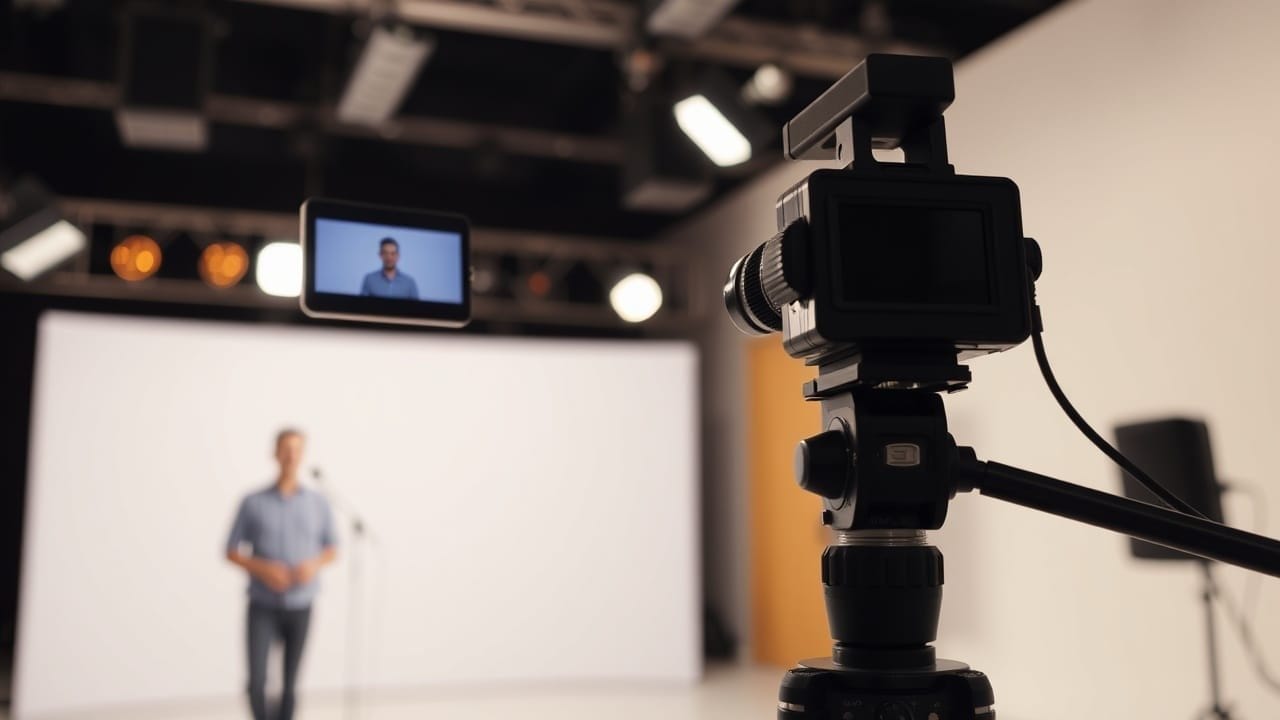 A camera on a tripod films a person standing in front of a white background. The person appears blurry in the distance, while the camera and its screen, which shows the person in focus, are sharp in the foreground. Studio lights hang above.